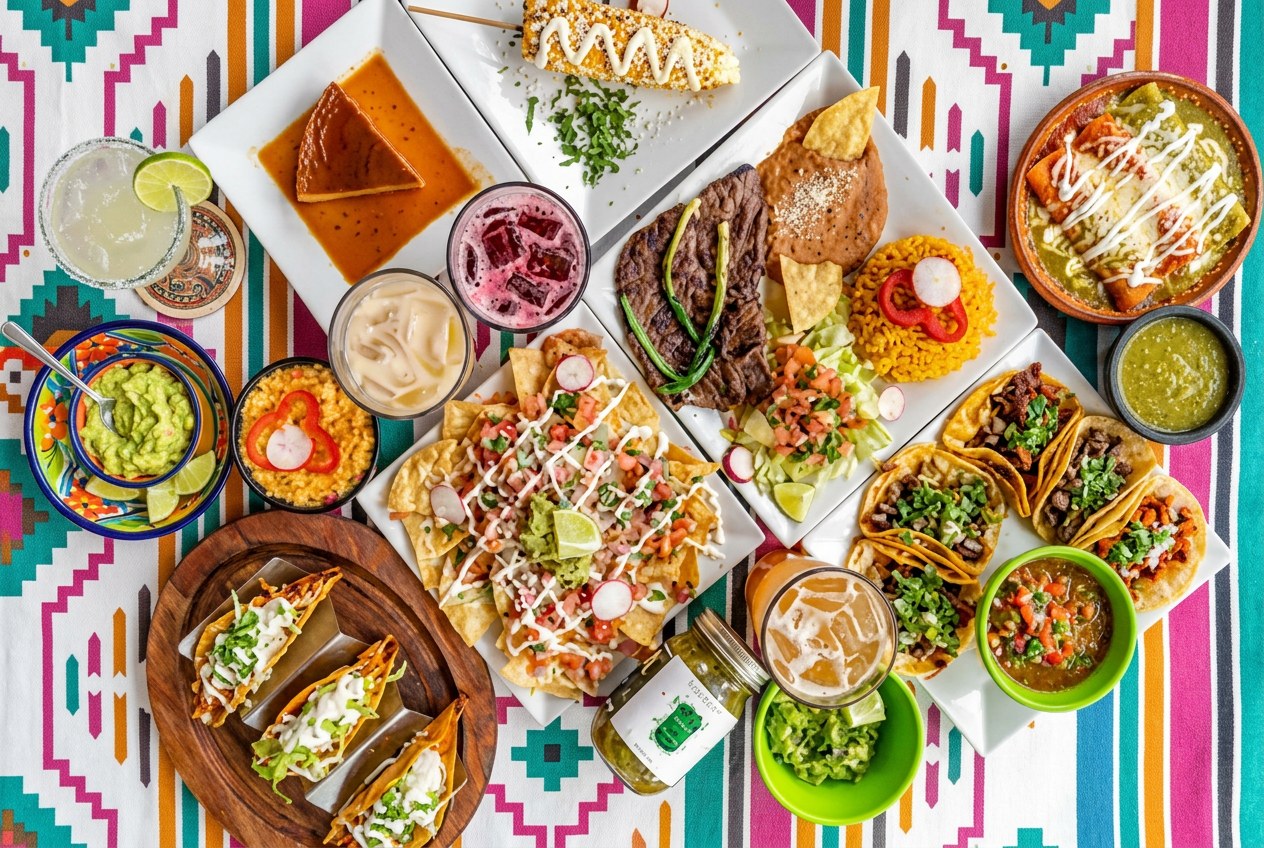 Colorful spread of Viva Mexico dishes — tacos, guacamole, margaritas and enchiladas on a serape-patterned table