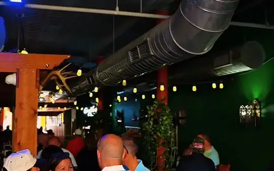 A lively private event in the Back Room at Viva Mexico Cantina & Grill — guests mingling under string lights
