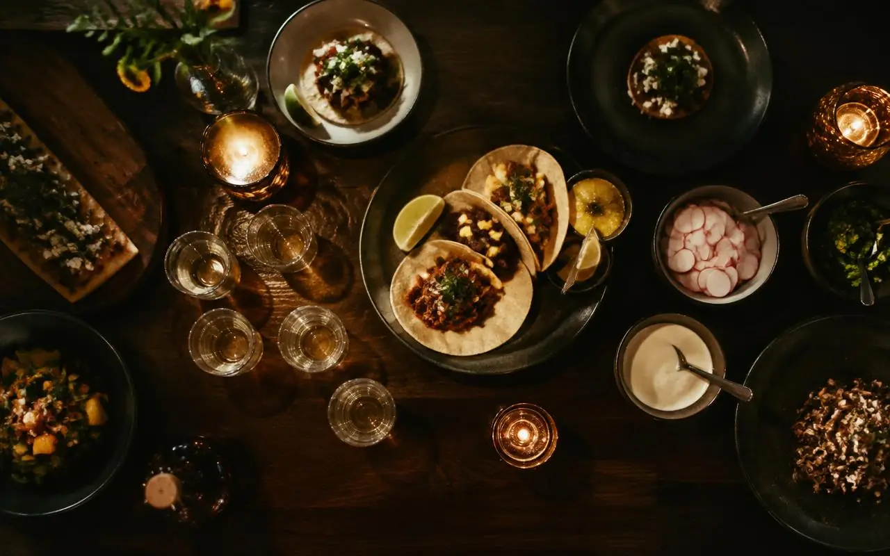 Catering spread of small plates and mezcal tastings lit by candlelight