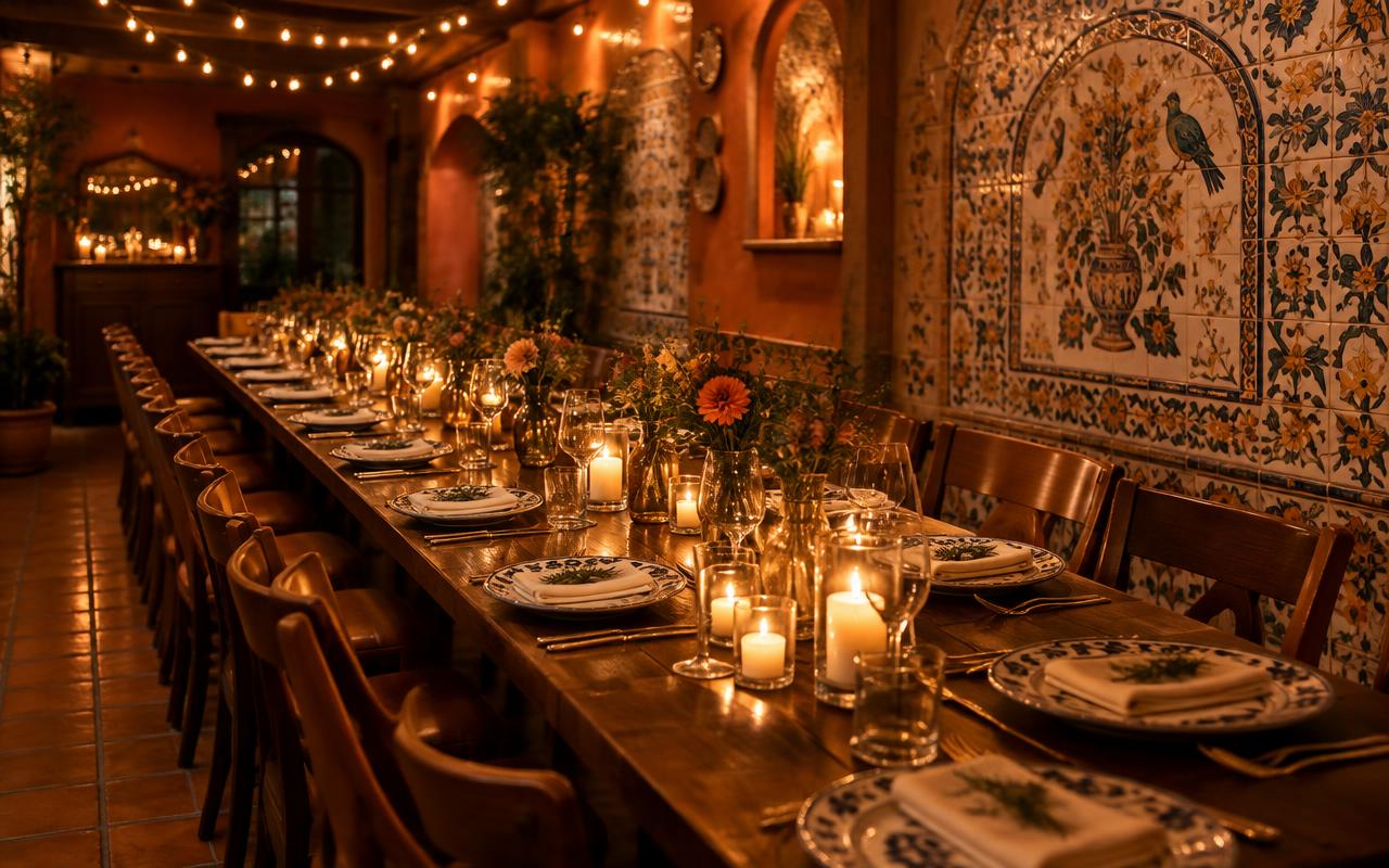 Long private dining table set for an event under warm string lights