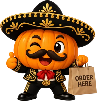 Mariachi pumpkin holding an Order Here takeout bag